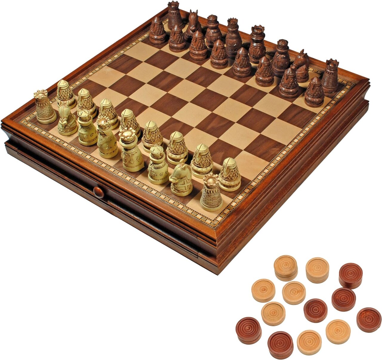 WE Games Medieval Chess & Checkers Game Set - Wood Board with Storage Drawers 15 in.
